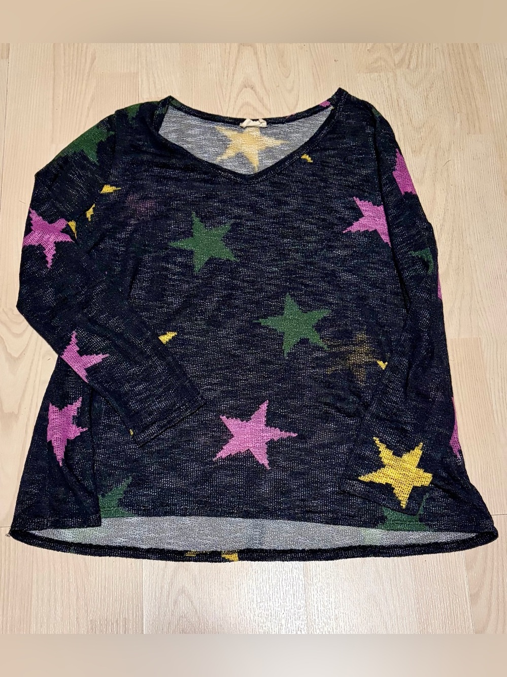 BiBi Black Knit Top with Pink/Purple  Yellow, & Teal Accents
